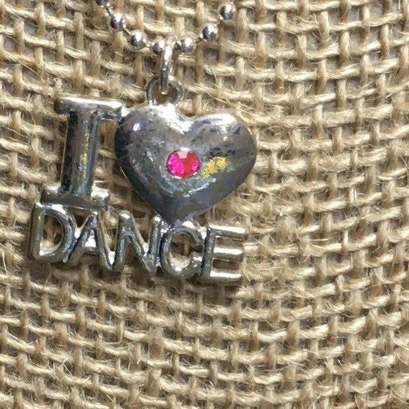 Justice Necklace Earrings I <3 DANCE Silver Ball Chain Pink Rhinestone Heart - Picture 3 of 6